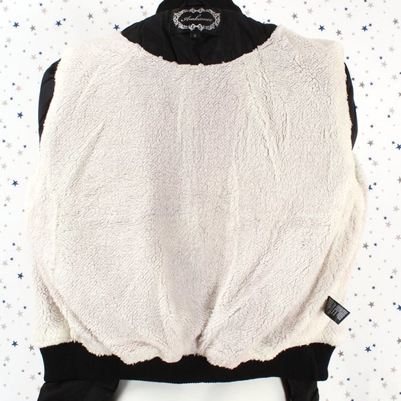 Fur Lined Short Bomber Jacket Patches Black - Picture 2 of 12